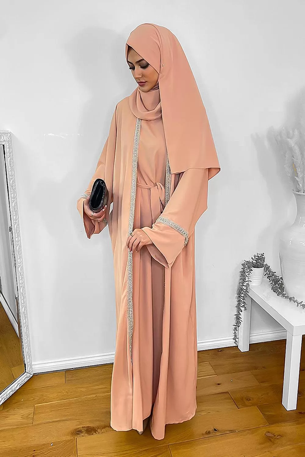 Crystals Embellished Trims Kaftan with Abaya and Hijab Modest Set