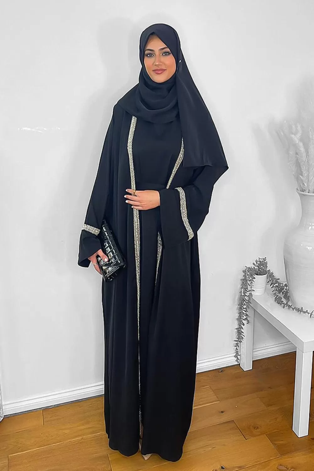 Crystals Embellished Trims Kaftan with Abaya and Hijab Modest Set