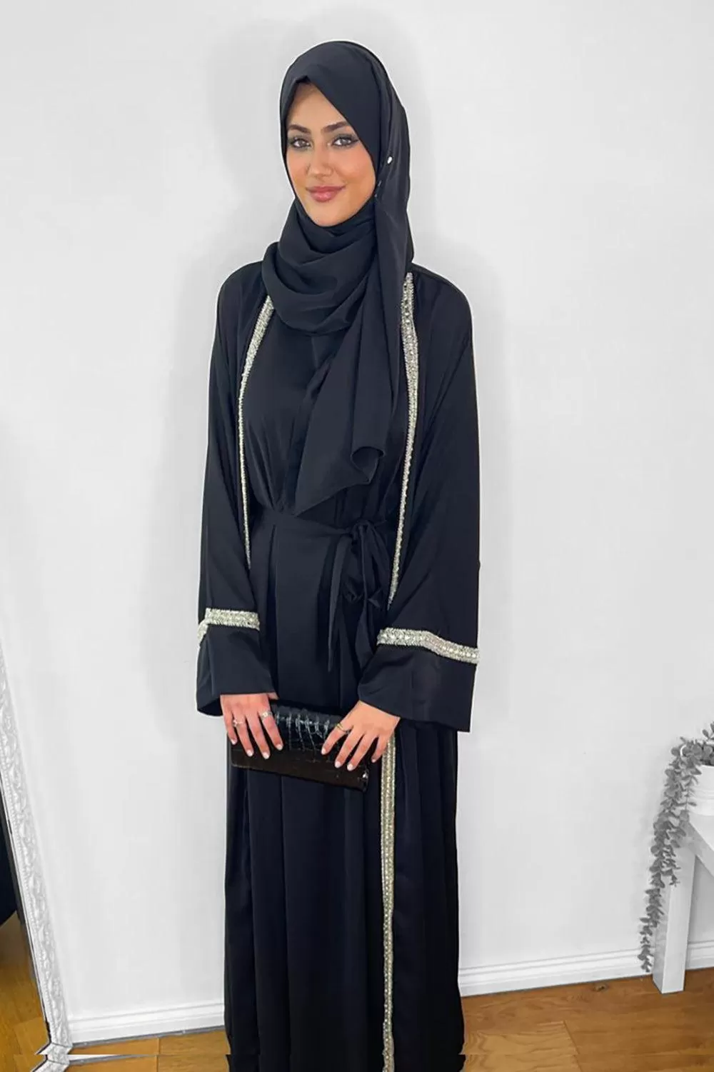 Crystals Embellished Trims Kaftan with Abaya and Hijab Modest Set