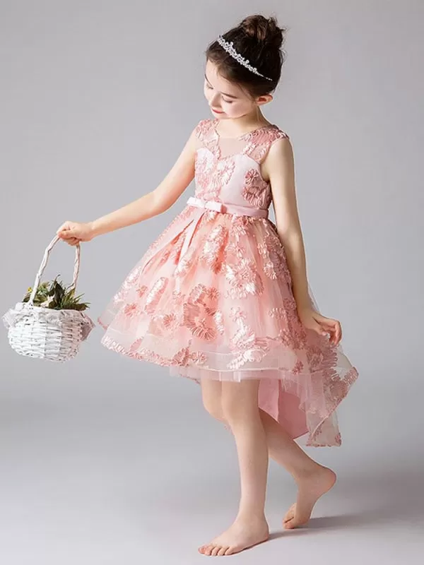 Cute Floral Hi-Lo Flower Girl Dresses Sleeveless Embroidered Kids Social Party Dresses