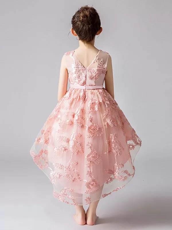 Cute Floral Hi-Lo Flower Girl Dresses Sleeveless Embroidered Kids Social Party Dresses