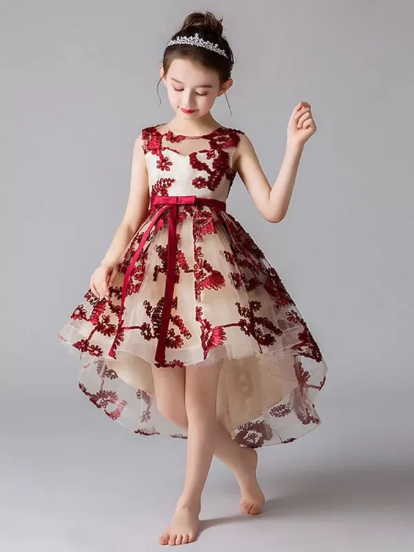 Cute Floral Hi-Lo Flower Girl Dresses Sleeveless Embroidered Kids Social Party Dresses