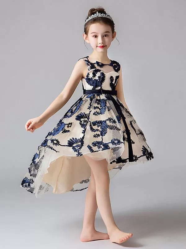 Cute Floral Hi-Lo Flower Girl Dresses Sleeveless Embroidered Kids Social Party Dresses