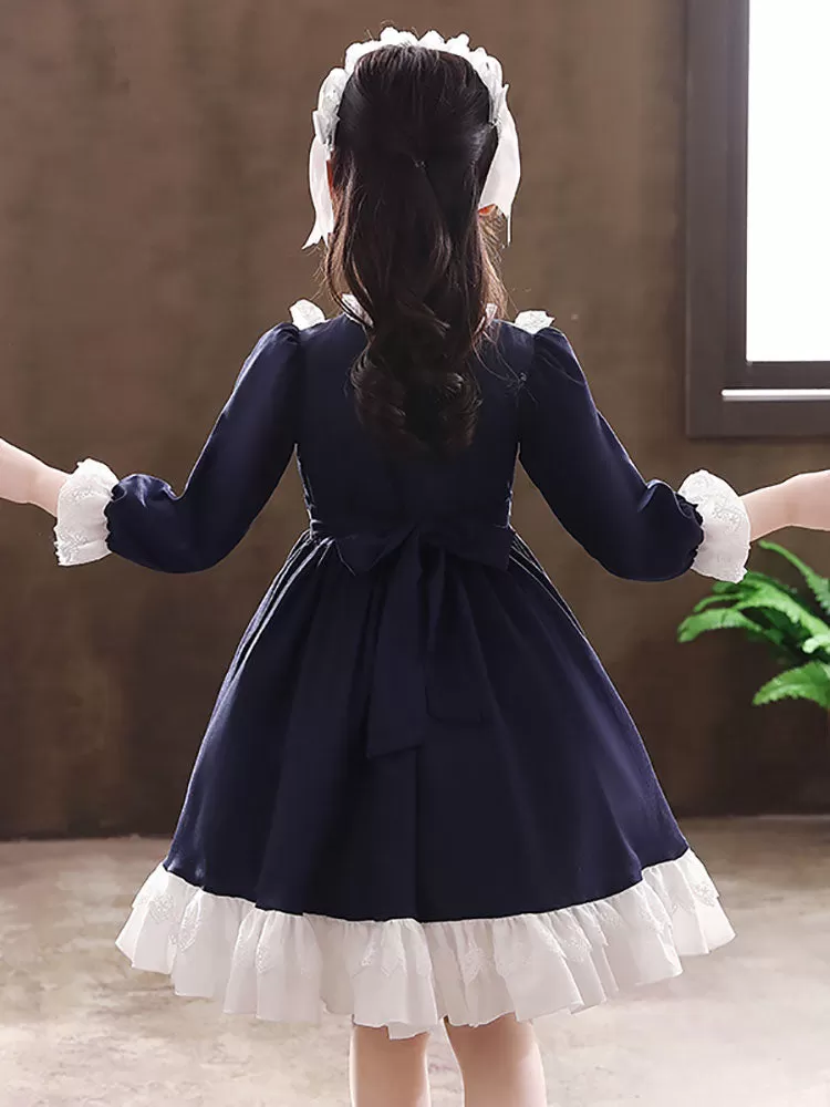 Cute Navy Blue Flower Girl Dresses Tulle Long Sleeves Knee-Length A-Line Kids Party Dresses