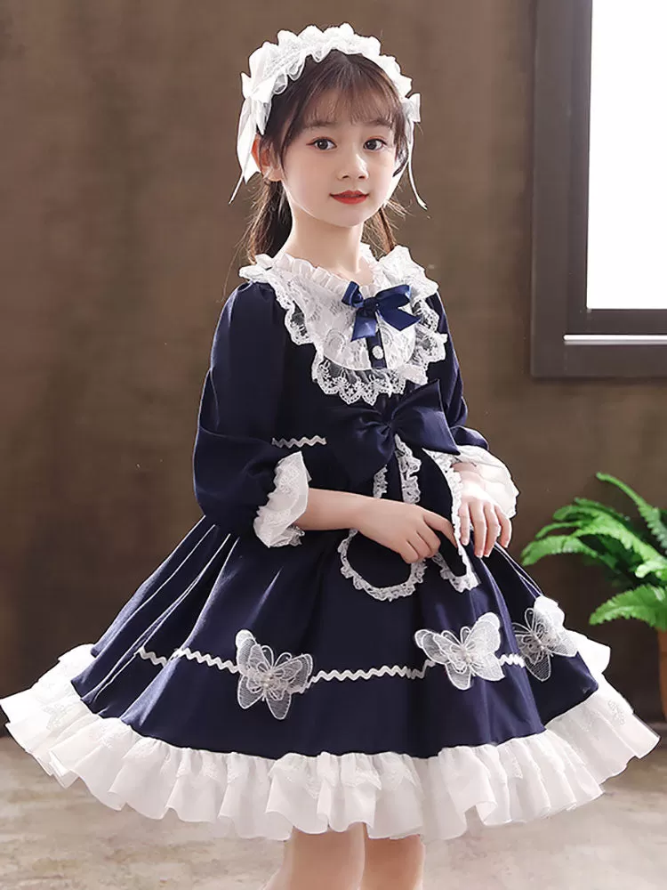 Cute Navy Blue Flower Girl Dresses Tulle Long Sleeves Knee-Length A-Line Kids Party Dresses