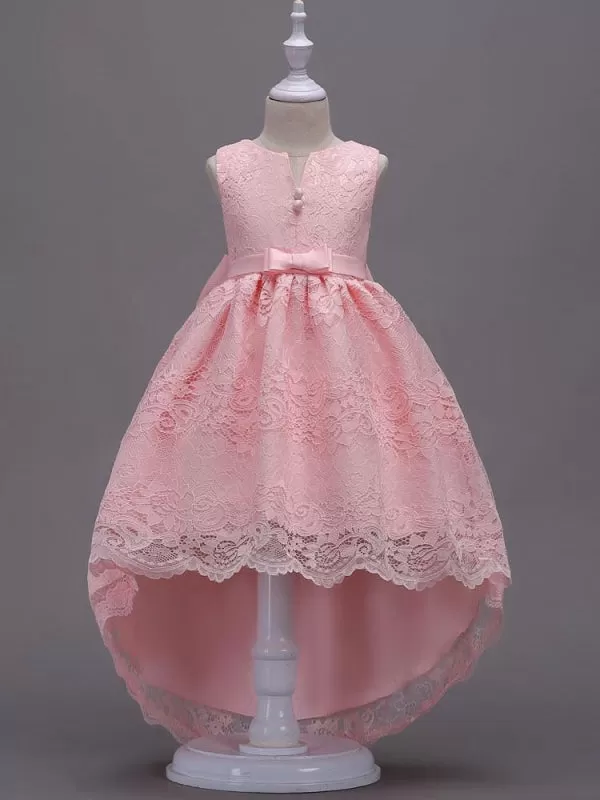 Cute Pink Lace Flower Girl Dresses High Low Sleeveless Bow Princess Party Dresses