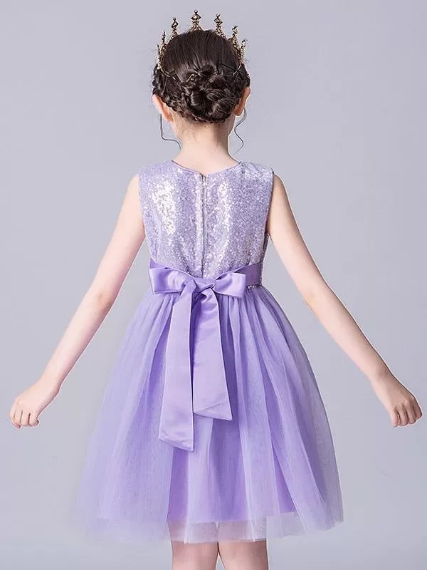 Cute Sky Blue Sleeveless Sequins Tulle Flower Girl Dresses Short Princess Dress with Bow for Kids