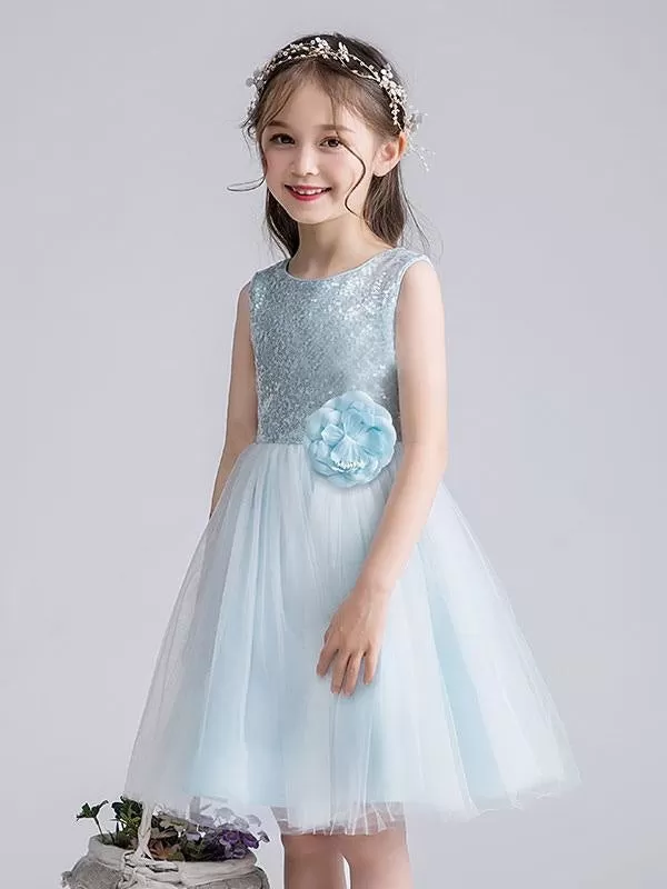 Cute Sky Blue Sleeveless Sequins Tulle Flower Girl Dresses Short Princess Dress with Bow for Kids