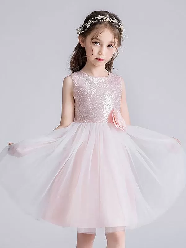 Cute Sky Blue Sleeveless Sequins Tulle Flower Girl Dresses Short Princess Dress with Bow for Kids