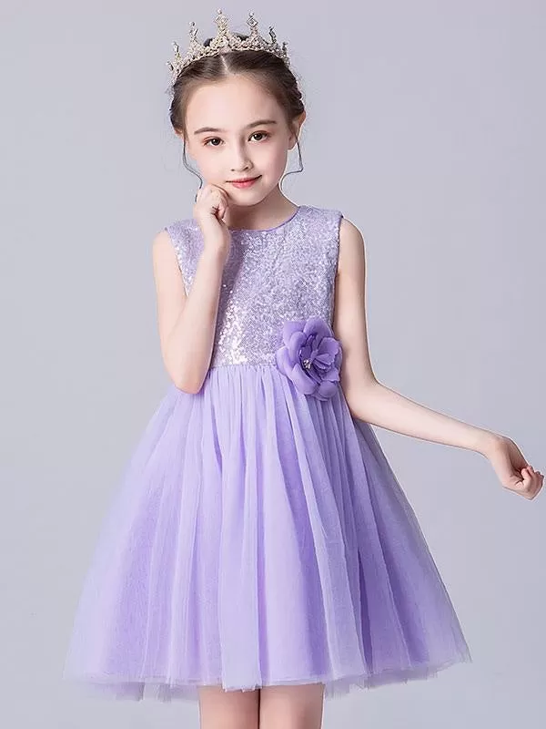 Cute Sky Blue Sleeveless Sequins Tulle Flower Girl Dresses Short Princess Dress with Bow for Kids