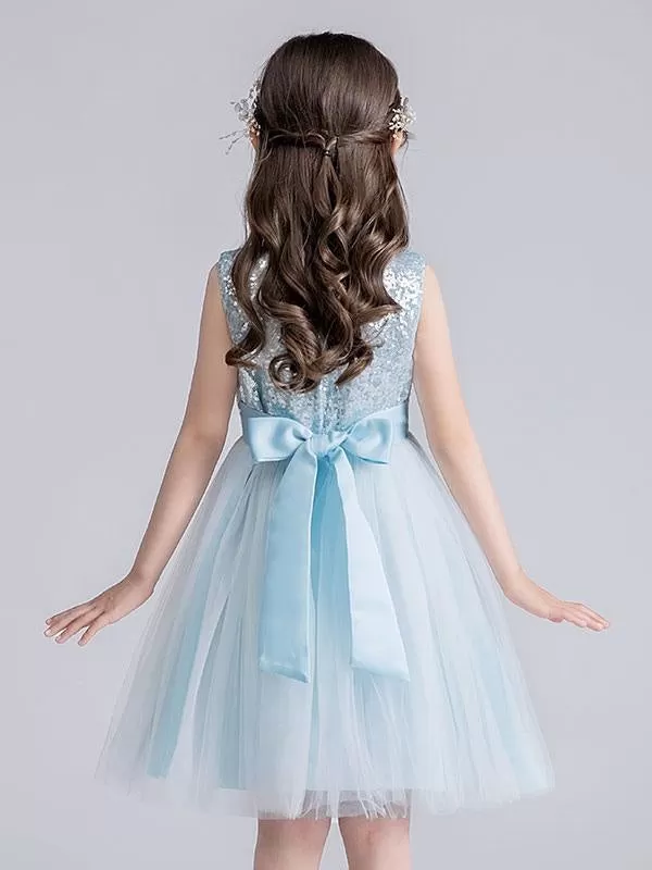 Cute Sky Blue Sleeveless Sequins Tulle Flower Girl Dresses Short Princess Dress with Bow for Kids