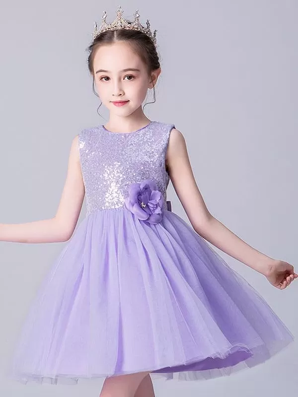 Cute Sky Blue Sleeveless Sequins Tulle Flower Girl Dresses Short Princess Dress with Bow for Kids