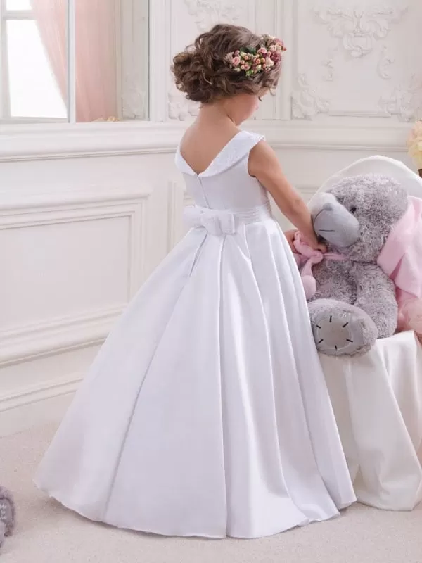 Cute White Sleeveless Satin Lace Appliques A-line Flower Girl Dress Bateau Neck Floor Length A-Line Kids Party Dresses