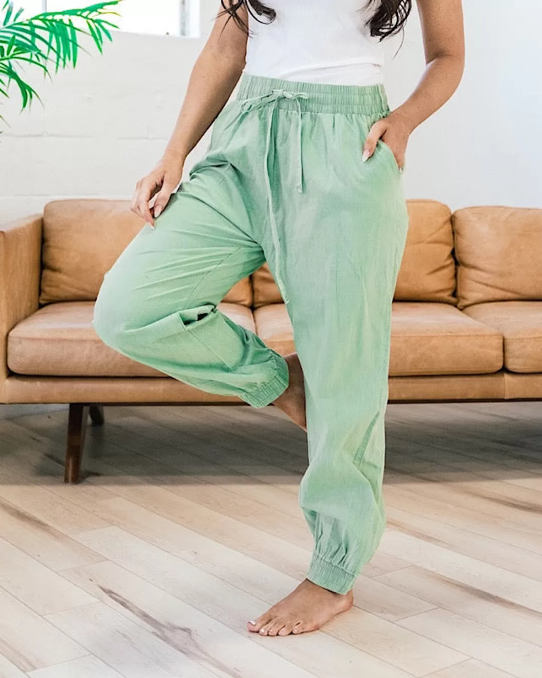 Drawstring Waist Joggers - Sage