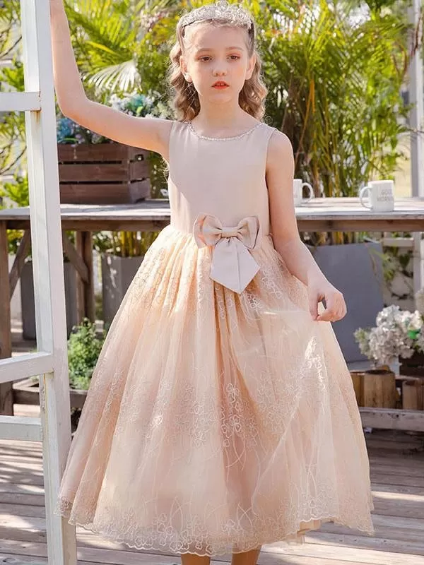 Dreamful Baby Blue Jewel Neck Floor Length Flower Girl Dresses Sleeveless Lace Tulle Foral Dress for Kids with Bow