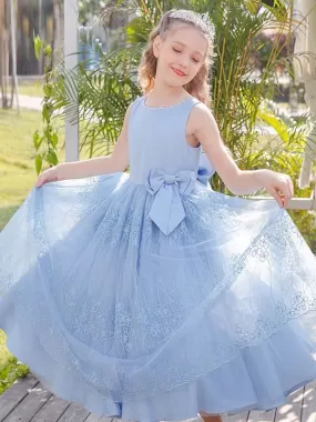 Dreamful Baby Blue Jewel Neck Floor Length Flower Girl Dresses Sleeveless Lace Tulle Foral Dress for Kids with Bow