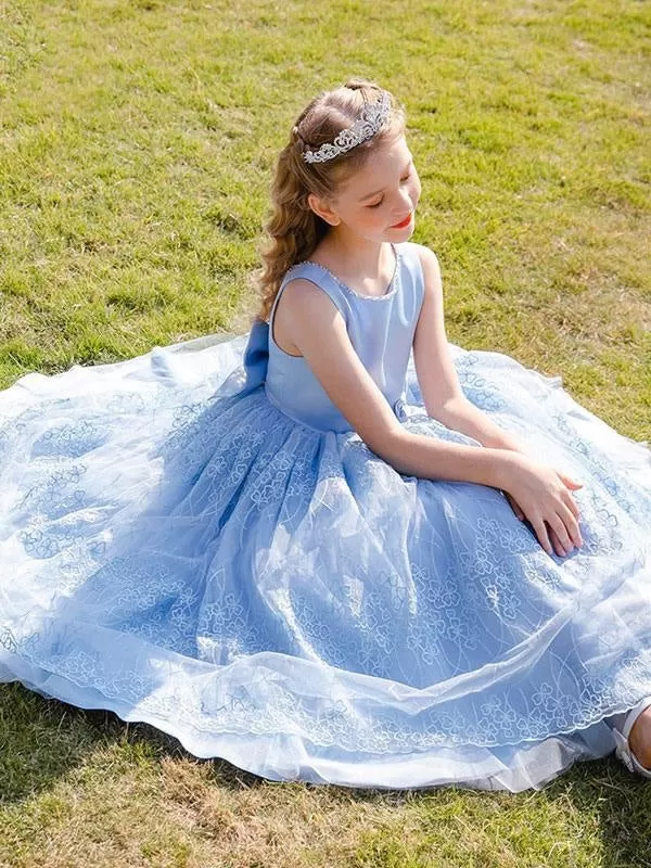 Dreamful Baby Blue Jewel Neck Floor Length Flower Girl Dresses Sleeveless Lace Tulle Foral Dress for Kids with Bow