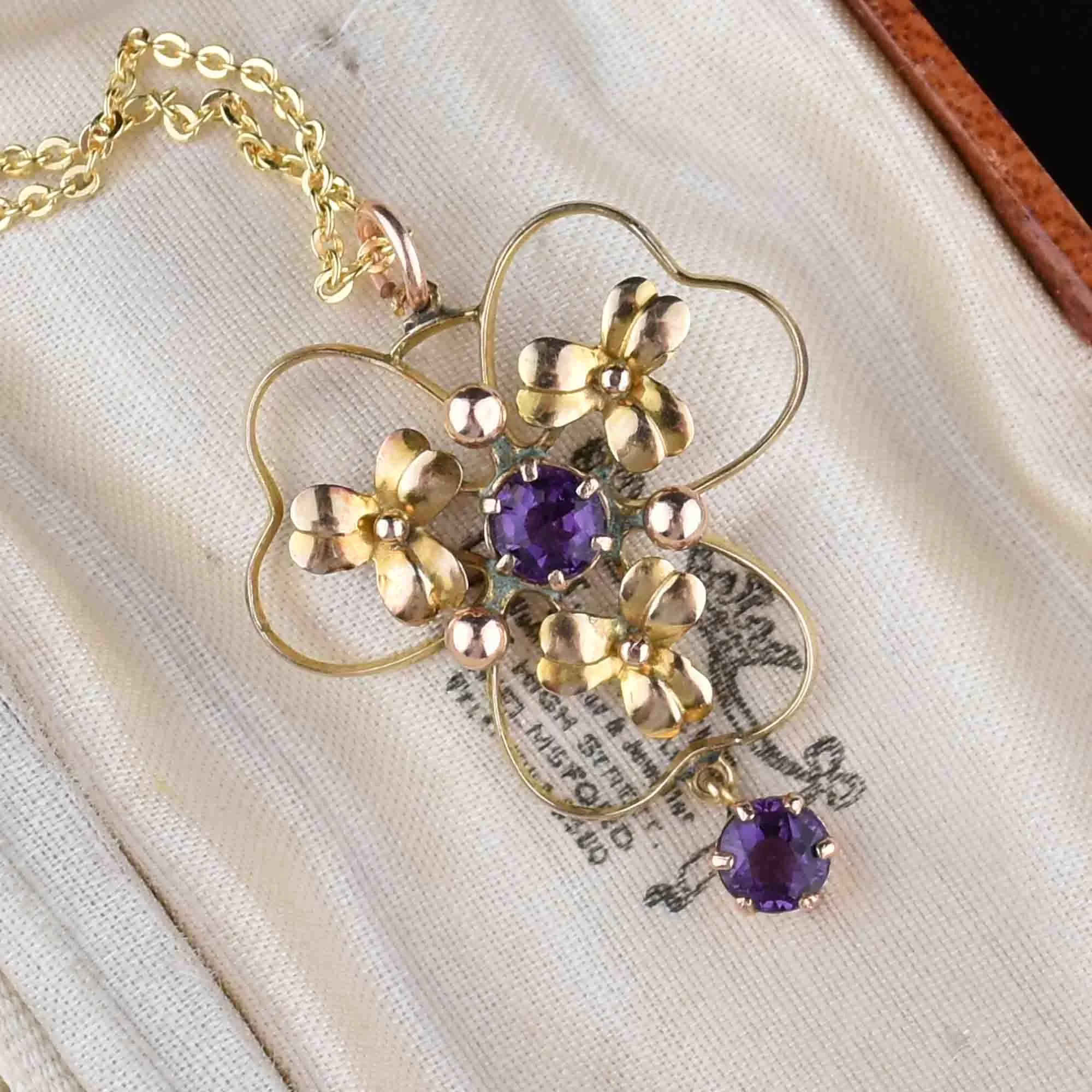 Edwardian Gold Amethyst Floral Lavalier Necklace