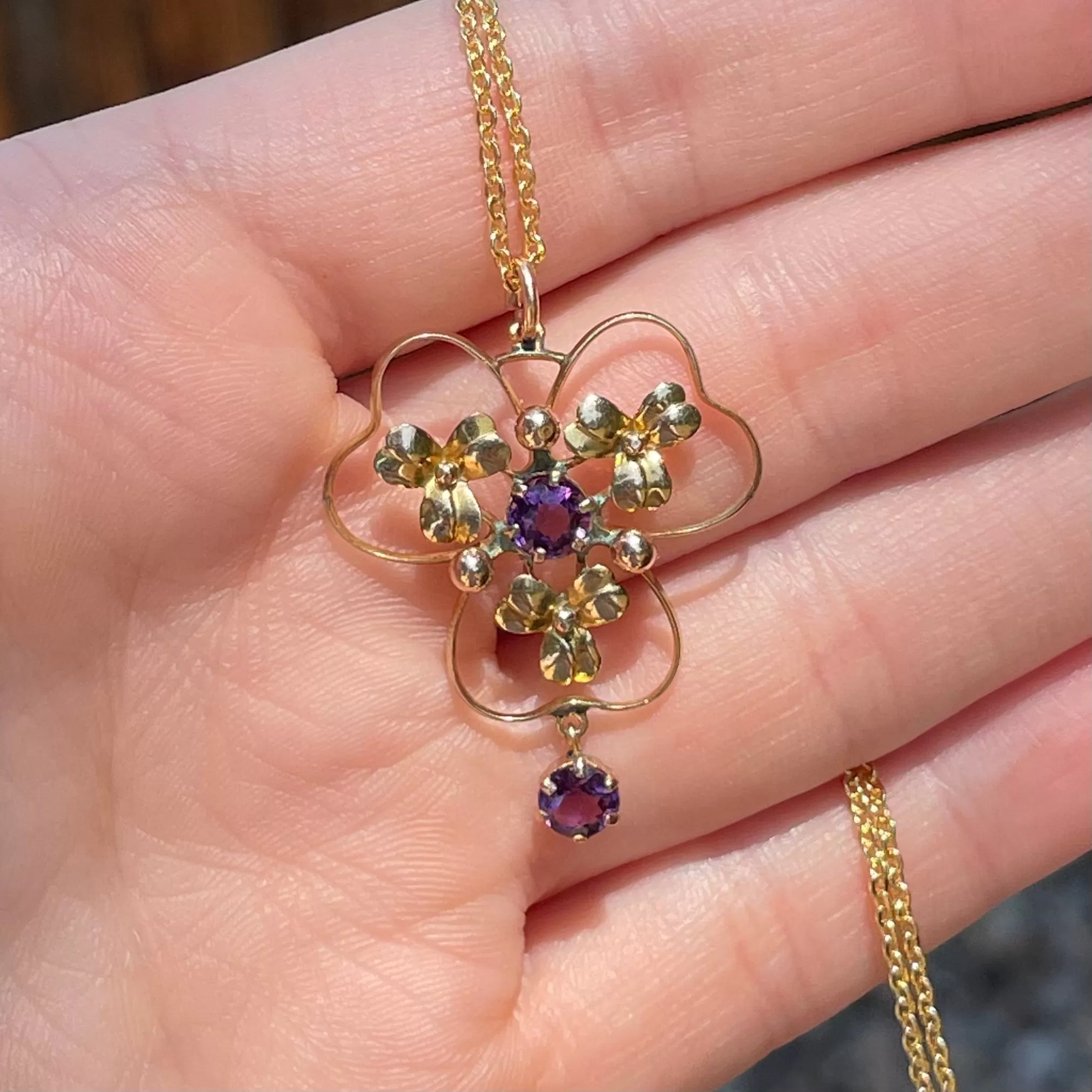 Edwardian Gold Amethyst Floral Lavalier Necklace