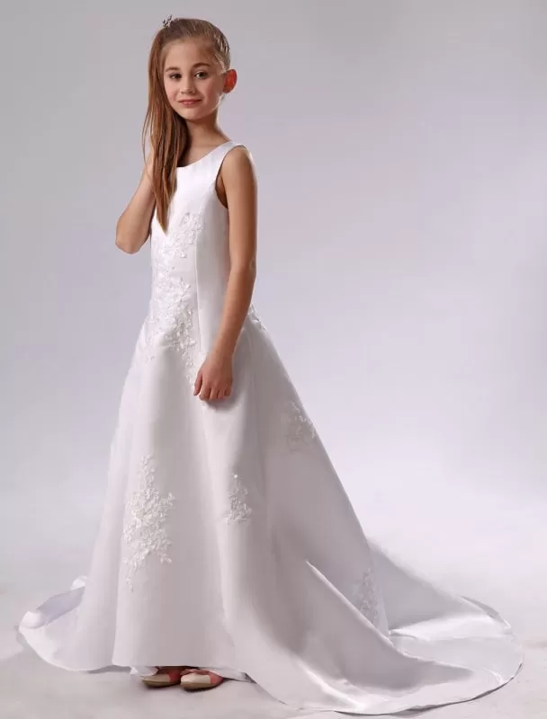 Elegant Crew Neck White Flower Girl Dress Applique Satin Long Dress