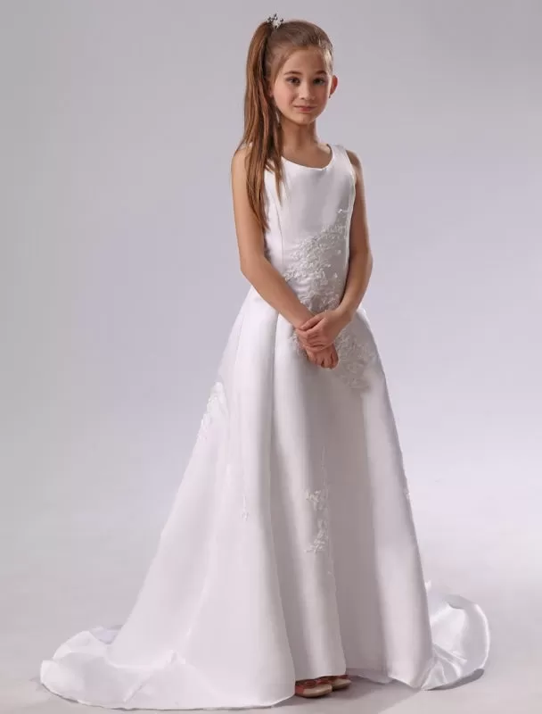 Elegant Crew Neck White Flower Girl Dress Applique Satin Long Dress