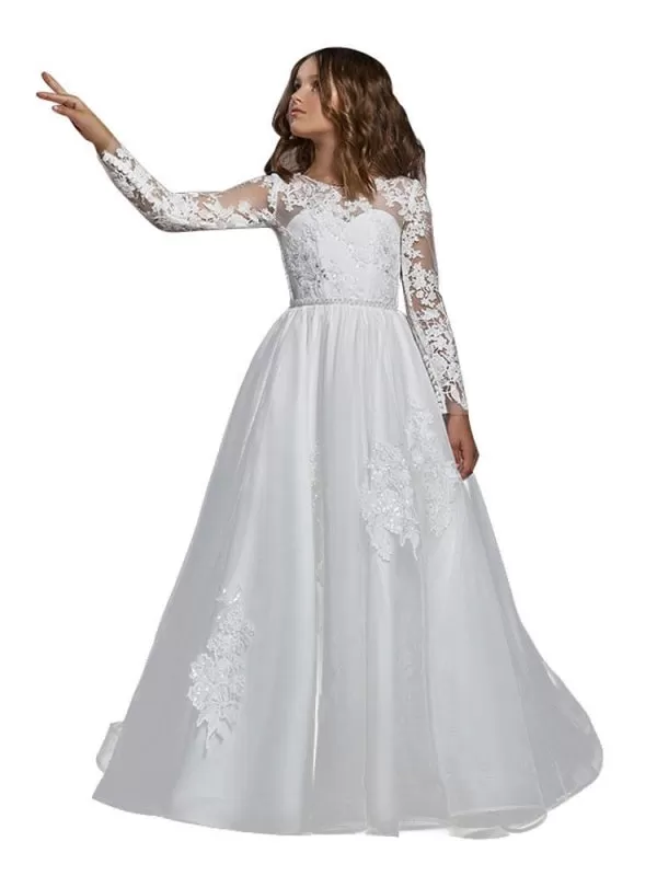 Elegant Long Sleeves Embroidered Kids Party Dresses Jewel Neck Tulle Lace Appliques Flower Girl Dresses