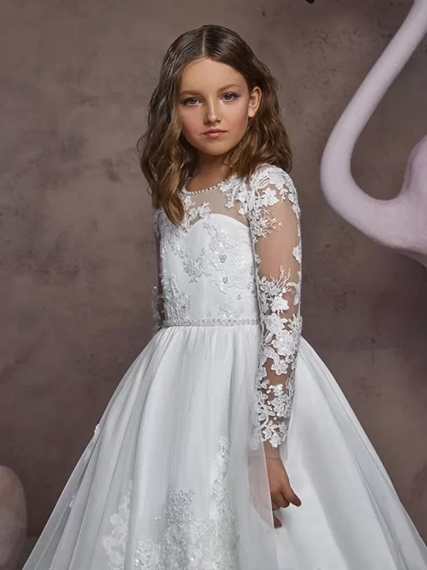 Elegant Long Sleeves Embroidered Kids Party Dresses Jewel Neck Tulle Lace Appliques Flower Girl Dresses