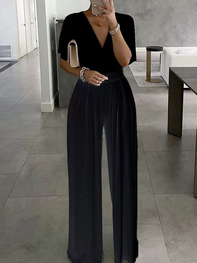 Elegant V-Neck Women's Summer Jumpsuit with Short Sleeve