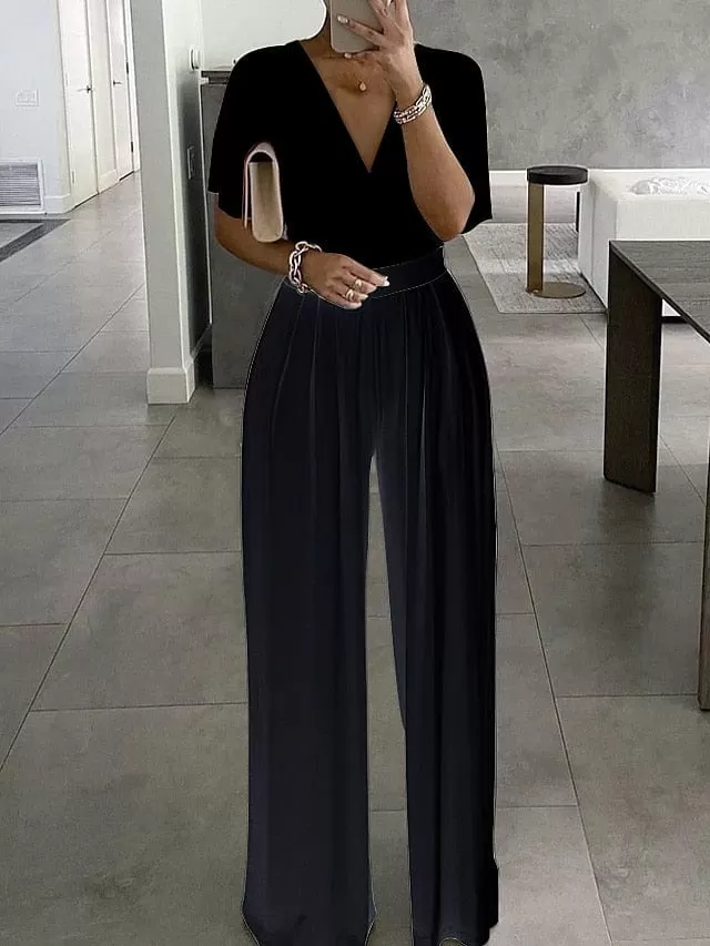 Elegant V-Neck Women's Summer Jumpsuit with Short Sleeve