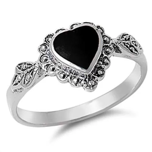 Fancy Black Onyx Heart Sterling Silver Ring