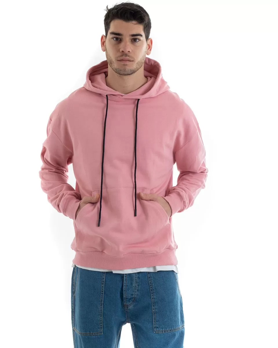 Felpa Con Cappuccio Uomo Basic Tinta Unita Rosa Comoda Relaxed Fit Cotone GIOSAL-F2980A