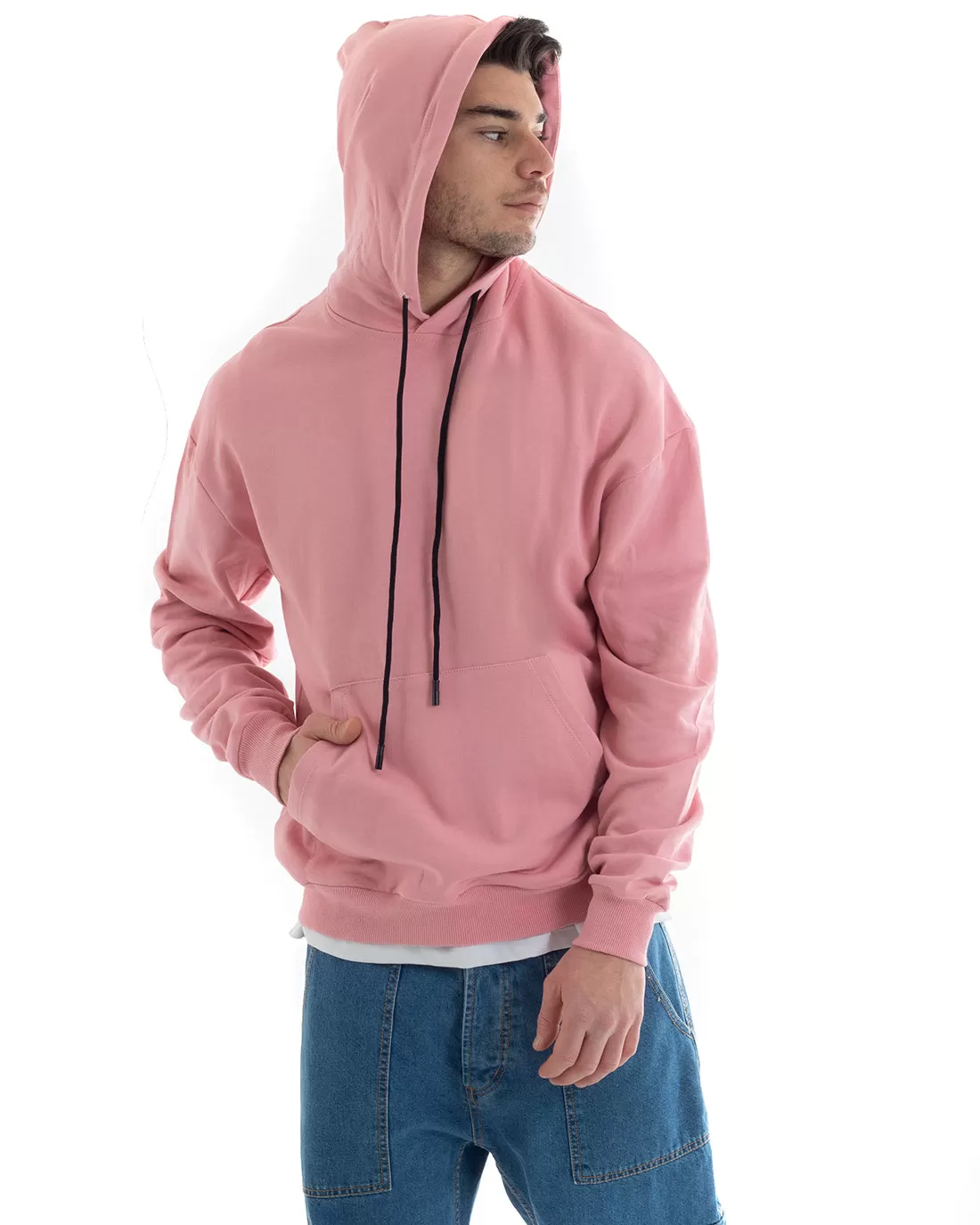 Felpa Con Cappuccio Uomo Basic Tinta Unita Rosa Comoda Relaxed Fit Cotone GIOSAL-F2980A