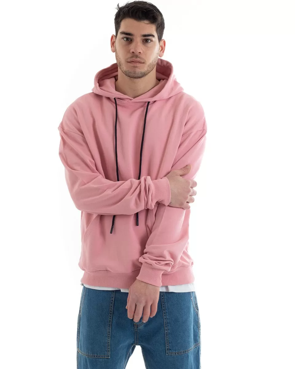 Felpa Con Cappuccio Uomo Basic Tinta Unita Rosa Comoda Relaxed Fit Cotone GIOSAL-F2980A