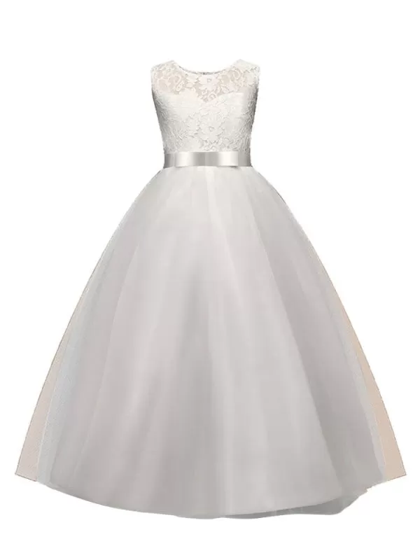 Formal Little Kids Dress for Wedding Jewel Neck Sleeveless Flower Girl Floor Length Dresses