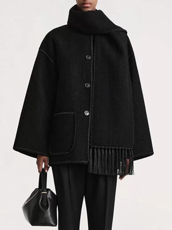 Fringed Scarf Collar Women Woolen Coat