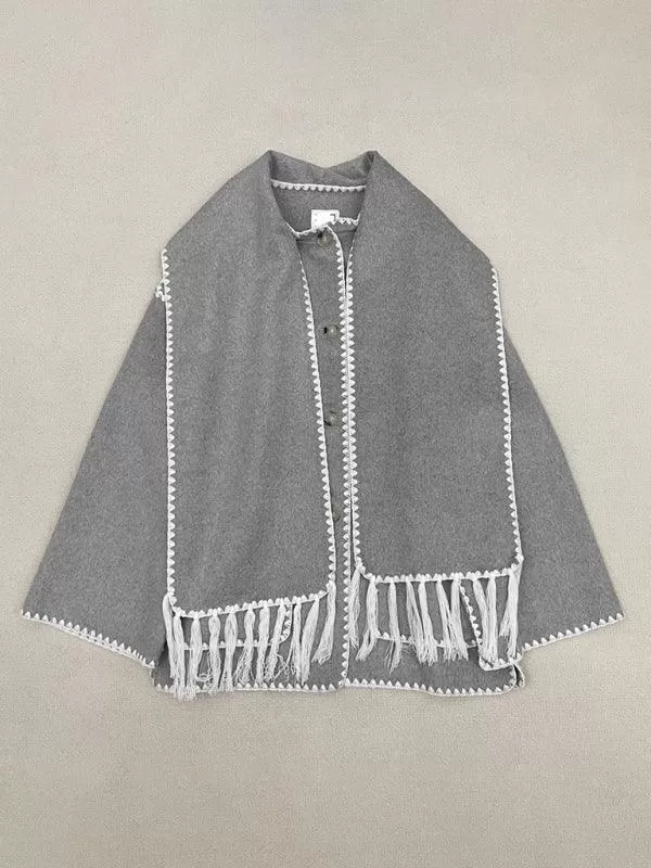 Fringed Scarf Collar Women Woolen Coat