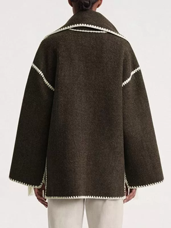 Fringed Scarf Collar Women Woolen Coat