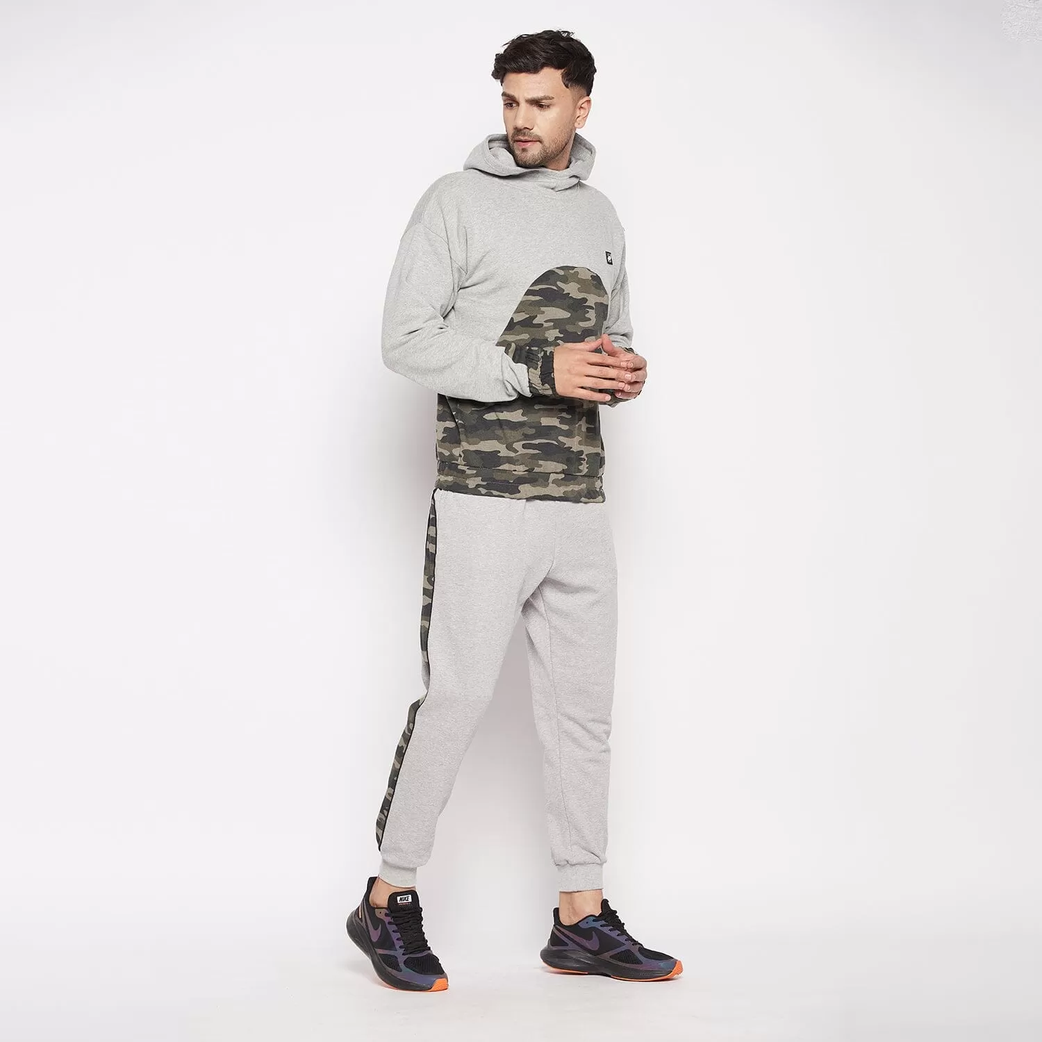 Grey Camo Cut-Sew Sweatshirt and Joggers Combo Tracksuit