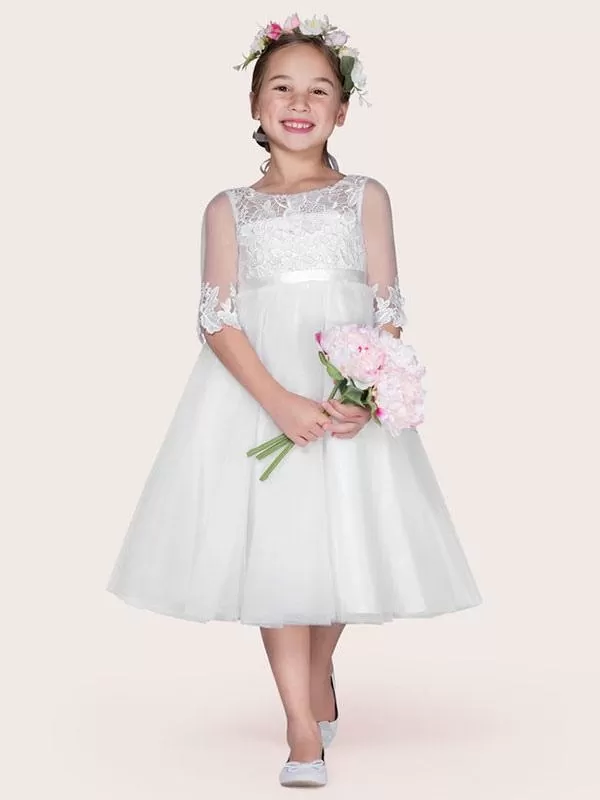 Half Sleeves A-Line Lace Kids Party Dresses Ivory Jewel Tulle Flower Girl Dresses