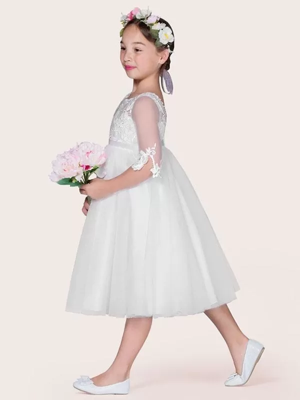 Half Sleeves A-Line Lace Kids Party Dresses Ivory Jewel Tulle Flower Girl Dresses