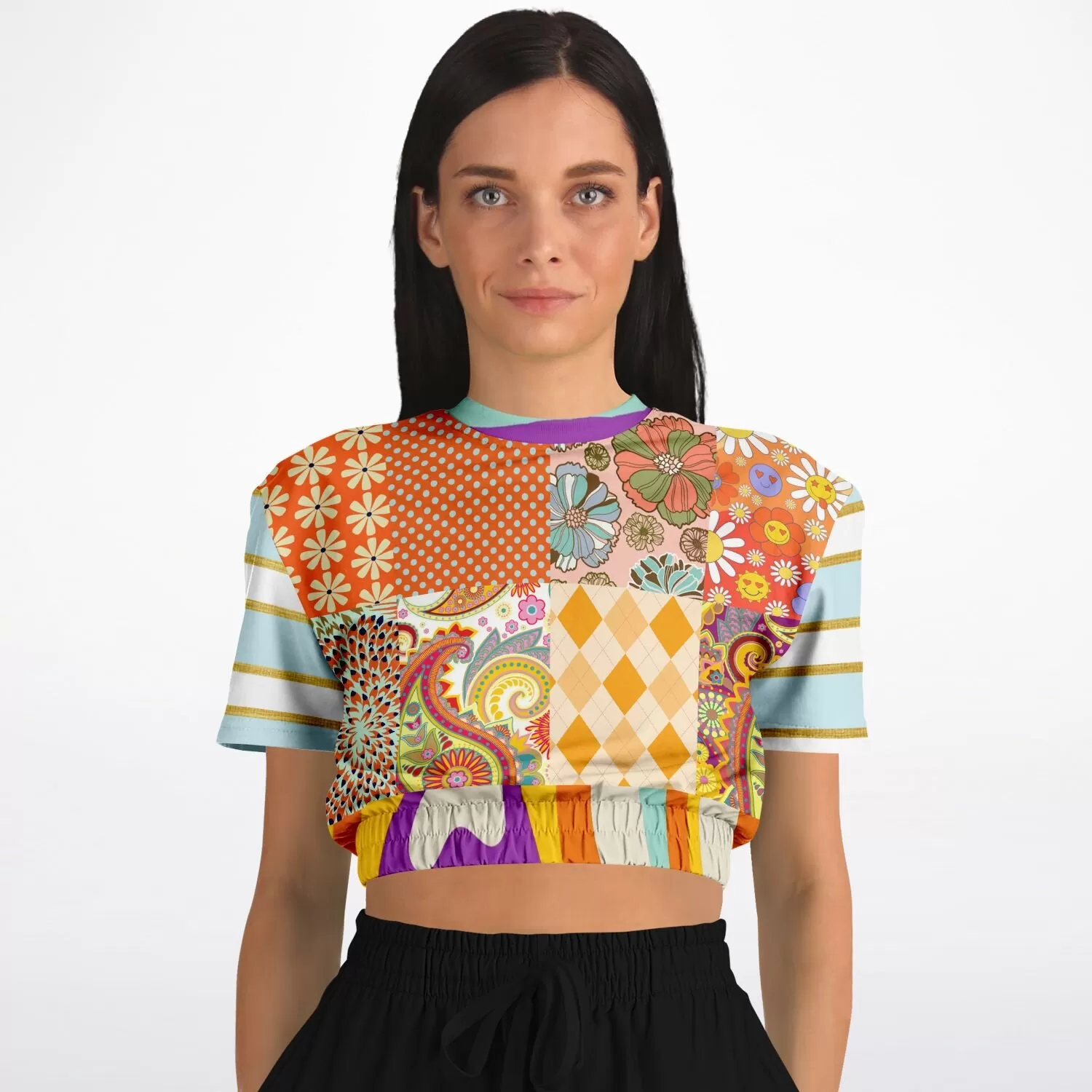 Happy Valley Retro Floral Patchwork Short Sleeve Cropped Eco-Poly Sweater