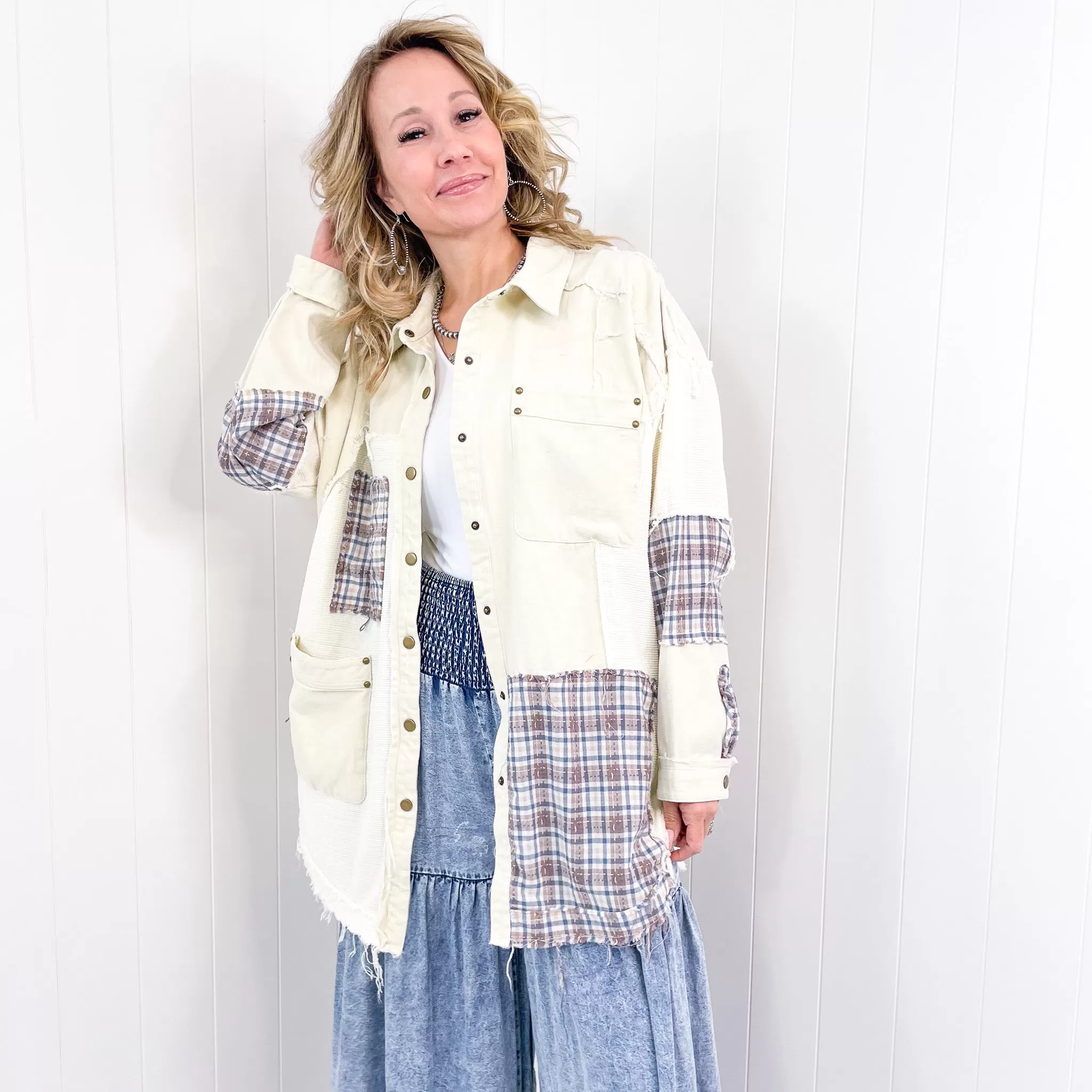 Hiding in Dallas Blue Plaid and Cream Snap Button Longline Top