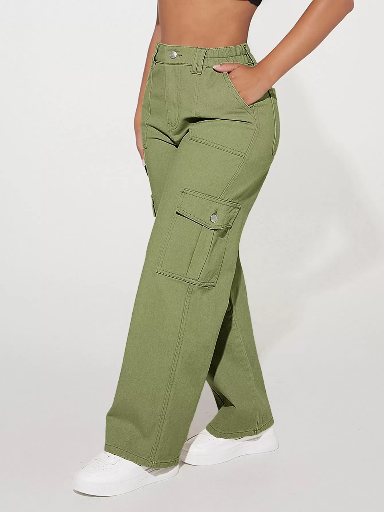 High Waist Flap Pocket Cargo Jeans