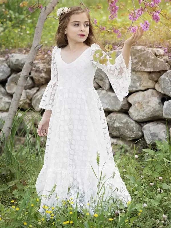 Ivory Jewel Neck Long Sleeves Lace Little Girl Dresses Party Dresses for Kids