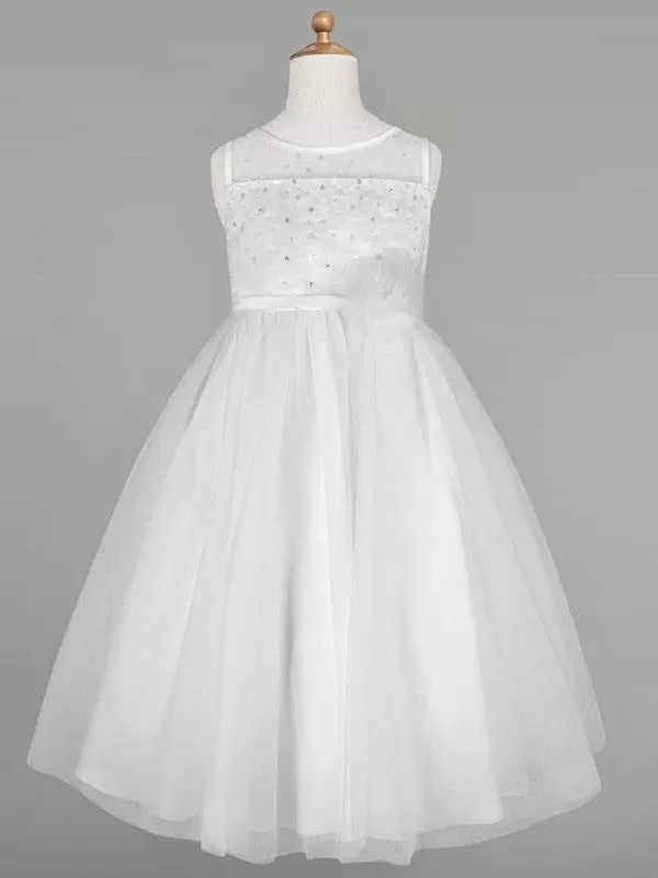 Ivory Tulle Jewel Neck Sleeveless Flower Girl Dresses A-Line Beaded Kids Social Party Dresses