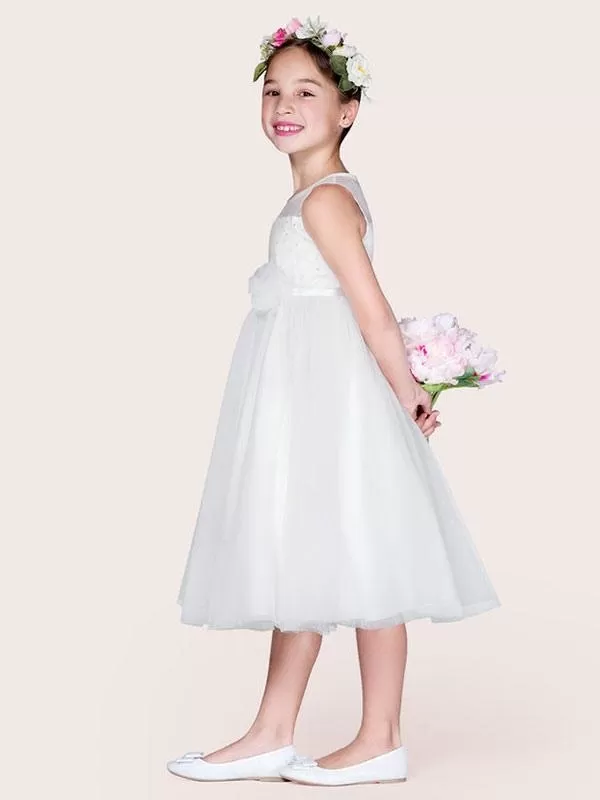 Ivory Tulle Jewel Neck Sleeveless Flower Girl Dresses A-Line Beaded Kids Social Party Dresses