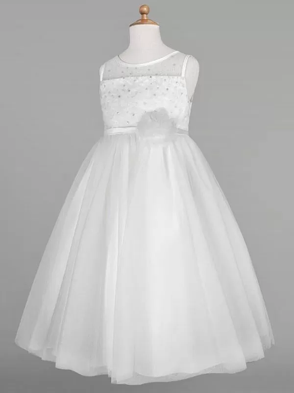 Ivory Tulle Jewel Neck Sleeveless Flower Girl Dresses A-Line Beaded Kids Social Party Dresses