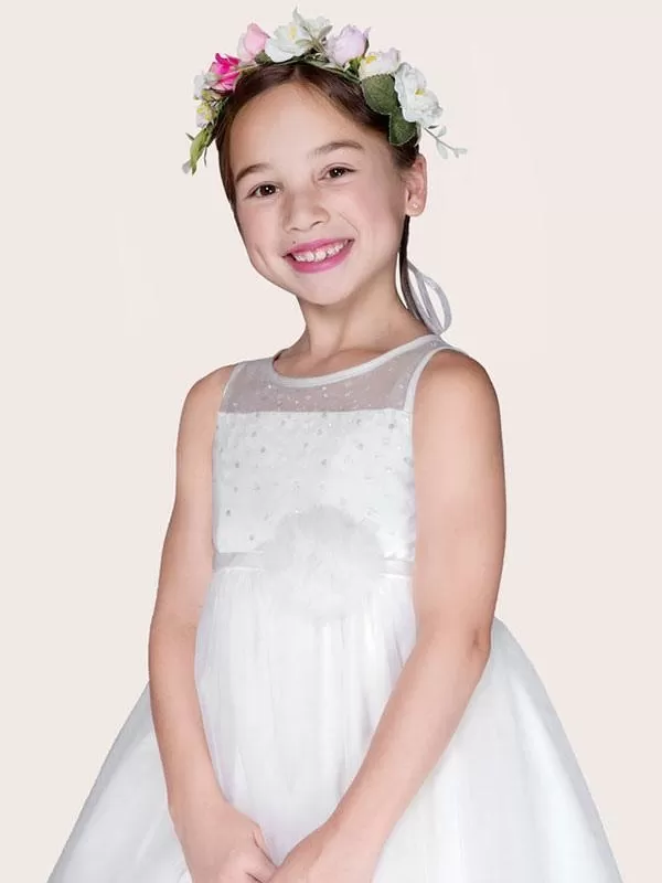 Ivory Tulle Jewel Neck Sleeveless Flower Girl Dresses A-Line Beaded Kids Social Party Dresses