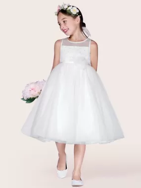 Ivory Tulle Jewel Neck Sleeveless Flower Girl Dresses A-Line Beaded Kids Social Party Dresses