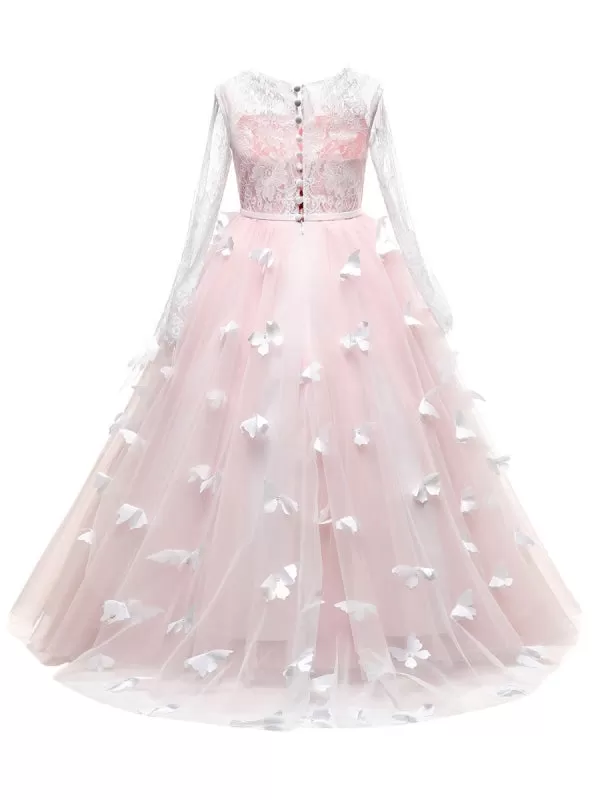 Jewel Neck Flower Girl Dresses Long Sleeves Tulle Butterfly Princess Dresses for Kids